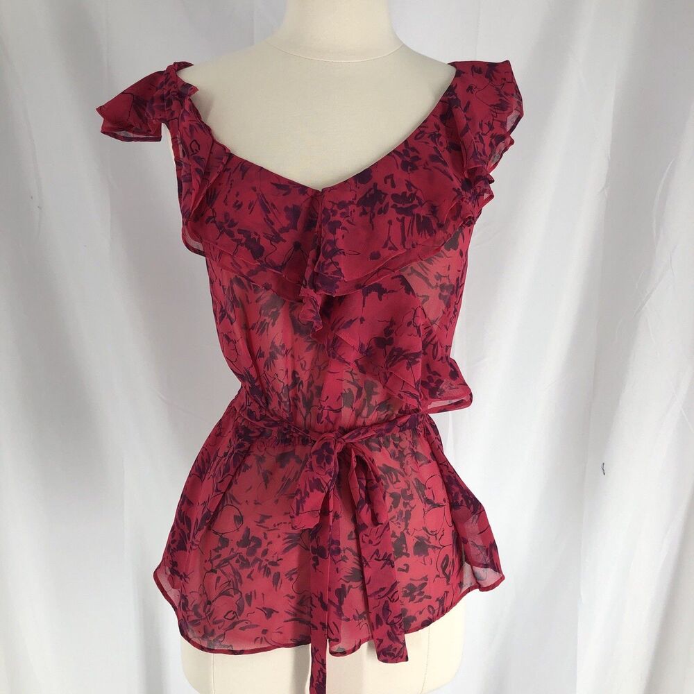 Express Floral Ruffle Flutter Sleeve V Neck Tie Waist Blouse Red Medium
